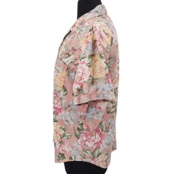 VTG 90s Lizwear Pink Floral Pearl Snap Shirt Size M Short Sleeves Cotton Yellow - Picture 7 of 8